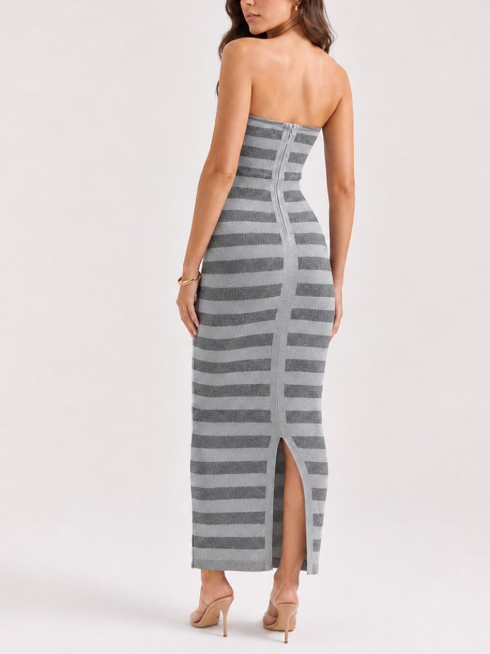 Silver Grey Metallic Striped Strapless Bandage Maxi Dress Bodycon - Picture 3 of 6